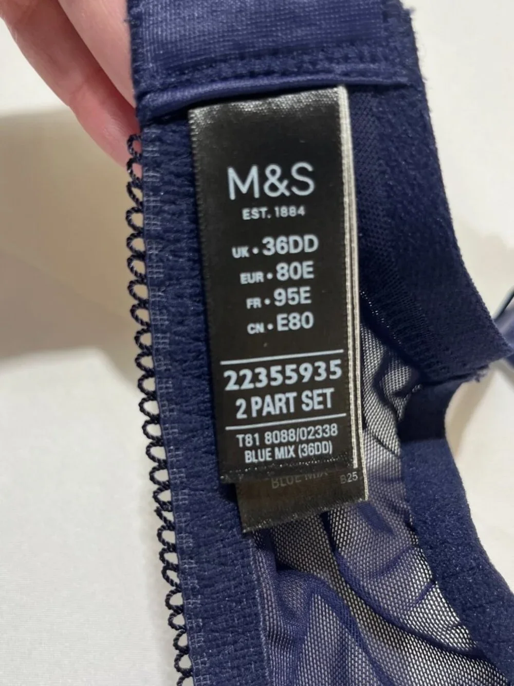 Marks & Spencer Navy Blue Lace Trim Bra & Panty Lingerie Set 36DD / UK‎ 14